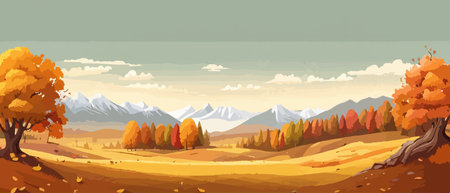 Countryside panorama in autumn, vector horizontal banner of autumn landscape mountainsのイラスト素材