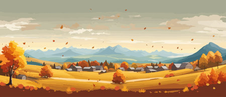 Countryside panorama in autumn, vector horizontal banner of autumn landscape mountainsのイラスト素材
