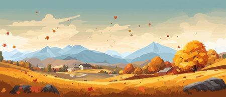 Countryside panorama in autumn, vector horizontal banner of autumn landscape mountainsのイラスト素材