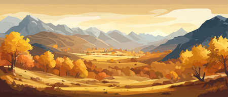 Countryside panorama in autumn, vector horizontal banner of autumn landscape mountainsのイラスト素材