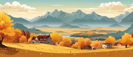 Countryside panorama in autumn, vector horizontal banner of autumn landscape mountainsのイラスト素材