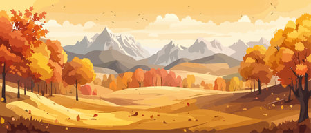 Countryside panorama in autumn, vector horizontal banner of autumn landscape mountainsのイラスト素材