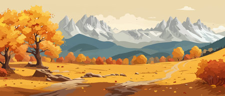 Countryside panorama in autumn, vector horizontal banner of autumn landscape mountainsのイラスト素材