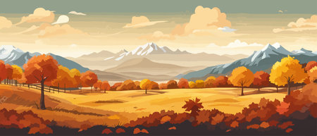 Countryside panorama in autumn, vector horizontal banner of autumn landscape mountainsのイラスト素材