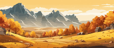 Countryside panorama in autumn, vector horizontal banner of autumn landscape mountainsのイラスト素材