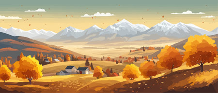 Countryside panorama in autumn, vector horizontal banner of autumn landscape mountainsのイラスト素材