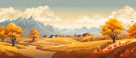 Countryside panorama in autumn, vector horizontal banner of autumn landscape mountainsのイラスト素材