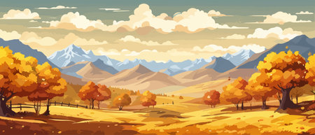 Countryside panorama in autumn, vector horizontal banner of autumn landscape mountainsのイラスト素材