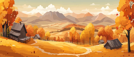 Countryside panorama in autumn, vector horizontal banner of autumn landscape mountainsのイラスト素材
