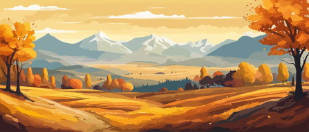 Countryside panorama in autumn, vector horizontal banner of autumn landscape mountainsのイラスト素材