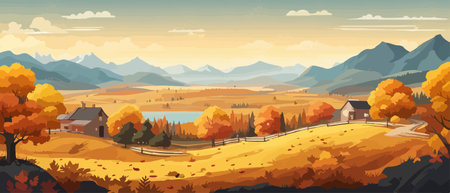 Countryside panorama in autumn, vector horizontal banner of autumn landscape mountainsのイラスト素材