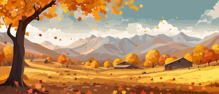 Countryside panorama in autumn, vector horizontal banner of autumn landscape mountainsのイラスト素材