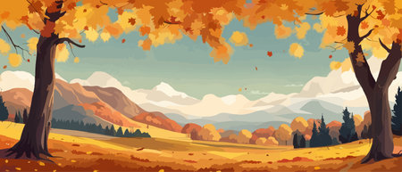 Countryside panorama in autumn, vector horizontal banner of autumn landscape mountainsのイラスト素材