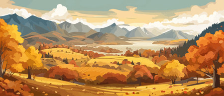 Countryside panorama in autumn, vector horizontal banner of autumn landscape mountainsのイラスト素材
