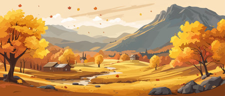 Countryside panorama in autumn, vector horizontal banner of autumn landscape mountainsのイラスト素材