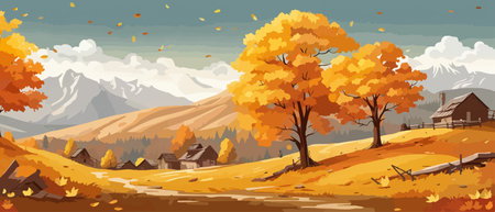 Countryside panorama in autumn, vector horizontal banner of autumn landscape mountainsのイラスト素材