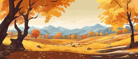Countryside panorama in autumn, vector horizontal banner of autumn landscape mountainsのイラスト素材