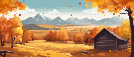 Countryside panorama in autumn, vector horizontal banner of autumn landscape mountainsのイラスト素材