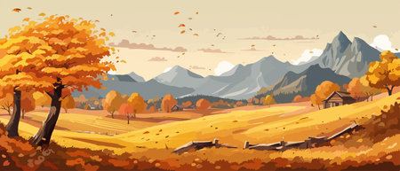 Countryside panorama in autumn, vector horizontal banner of autumn landscape mountainsのイラスト素材