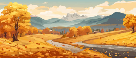 Countryside panorama in autumn, vector horizontal banner of autumn landscape mountainsのイラスト素材