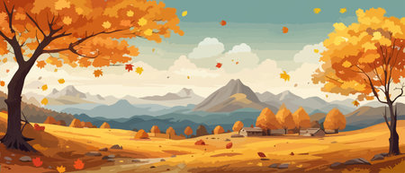 Countryside panorama in autumn, vector horizontal banner of autumn landscape mountainsのイラスト素材