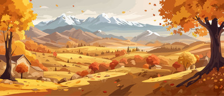 Countryside panorama in autumn, vector horizontal banner of autumn landscape mountainsのイラスト素材