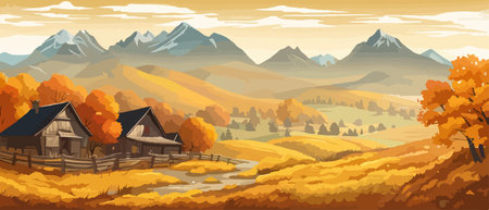 Countryside panorama in autumn, vector horizontal banner of autumn landscape mountainsのイラスト素材