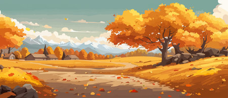 Countryside panorama in autumn, vector horizontal banner of autumn landscape mountainsのイラスト素材