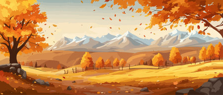 Countryside panorama in autumn, vector horizontal banner of autumn landscape mountainsのイラスト素材