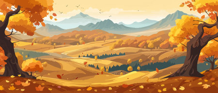 Countryside panorama in autumn, vector horizontal banner of autumn landscape mountainsのイラスト素材