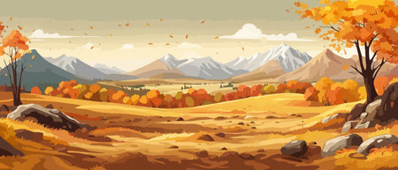 Countryside panorama in autumn, vector horizontal banner of autumn landscape mountainsのイラスト素材