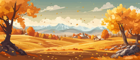 Countryside panorama in autumn, vector horizontal banner of autumn landscape mountainsのイラスト素材