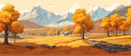 Countryside panorama in autumn, vector horizontal banner of autumn landscape mountainsのイラスト素材