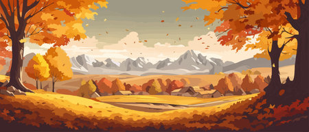 Countryside panorama in autumn, vector horizontal banner of autumn landscape mountainsのイラスト素材