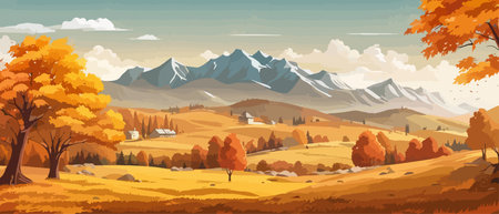 Countryside panorama in autumn, vector horizontal banner of autumn landscape mountainsのイラスト素材