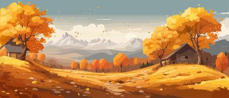 Countryside panorama in autumn, vector horizontal banner of autumn landscape mountainsのイラスト素材