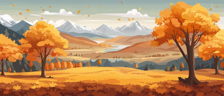 Countryside panorama in autumn, vector horizontal banner of autumn landscape mountainsのイラスト素材