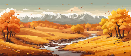 Countryside panorama in autumn, vector horizontal banner of autumn landscape mountainsのイラスト素材