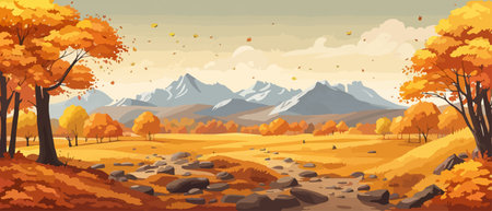 Countryside panorama in autumn, vector horizontal banner of autumn landscape mountainsのイラスト素材