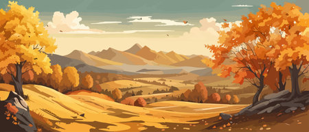 Countryside panorama in autumn, vector horizontal banner of autumn landscape mountainsのイラスト素材