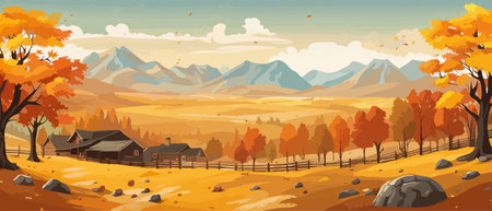 Countryside panorama in autumn, vector horizontal banner of autumn landscape mountainsのイラスト素材
