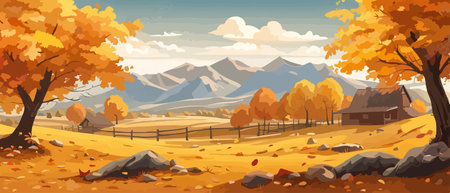 Countryside panorama in autumn, vector horizontal banner of autumn landscape mountainsのイラスト素材