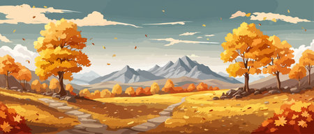 Countryside panorama in autumn, vector horizontal banner of autumn landscape mountainsのイラスト素材