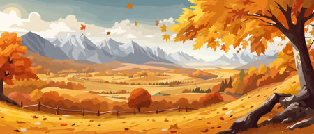 Countryside panorama in autumn, vector horizontal banner of autumn landscape mountainsのイラスト素材