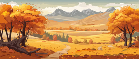 Countryside panorama in autumn, vector horizontal banner of autumn landscape mountainsのイラスト素材