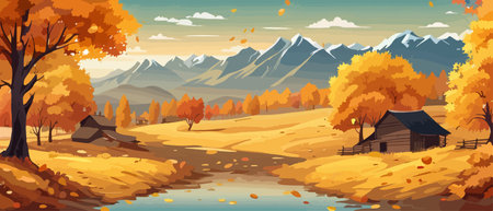Countryside panorama in autumn, vector horizontal banner of autumn landscape mountainsのイラスト素材