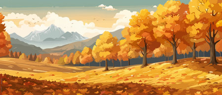 Countryside panorama in autumn, vector horizontal banner of autumn landscape mountainsのイラスト素材