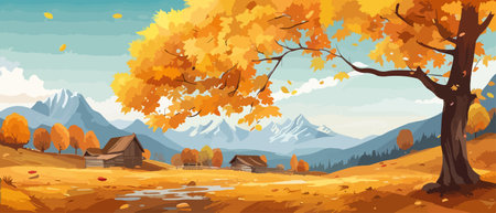 Countryside panorama in autumn, vector horizontal banner of autumn landscape mountainsのイラスト素材