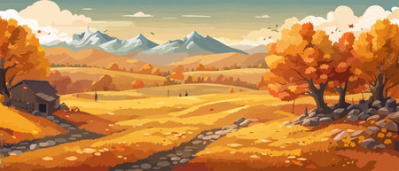 Countryside panorama in autumn, vector horizontal banner of autumn landscape mountainsのイラスト素材