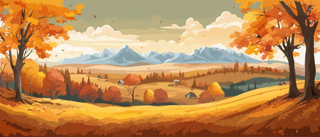 Countryside panorama in autumn, vector horizontal banner of autumn landscape mountainsのイラスト素材